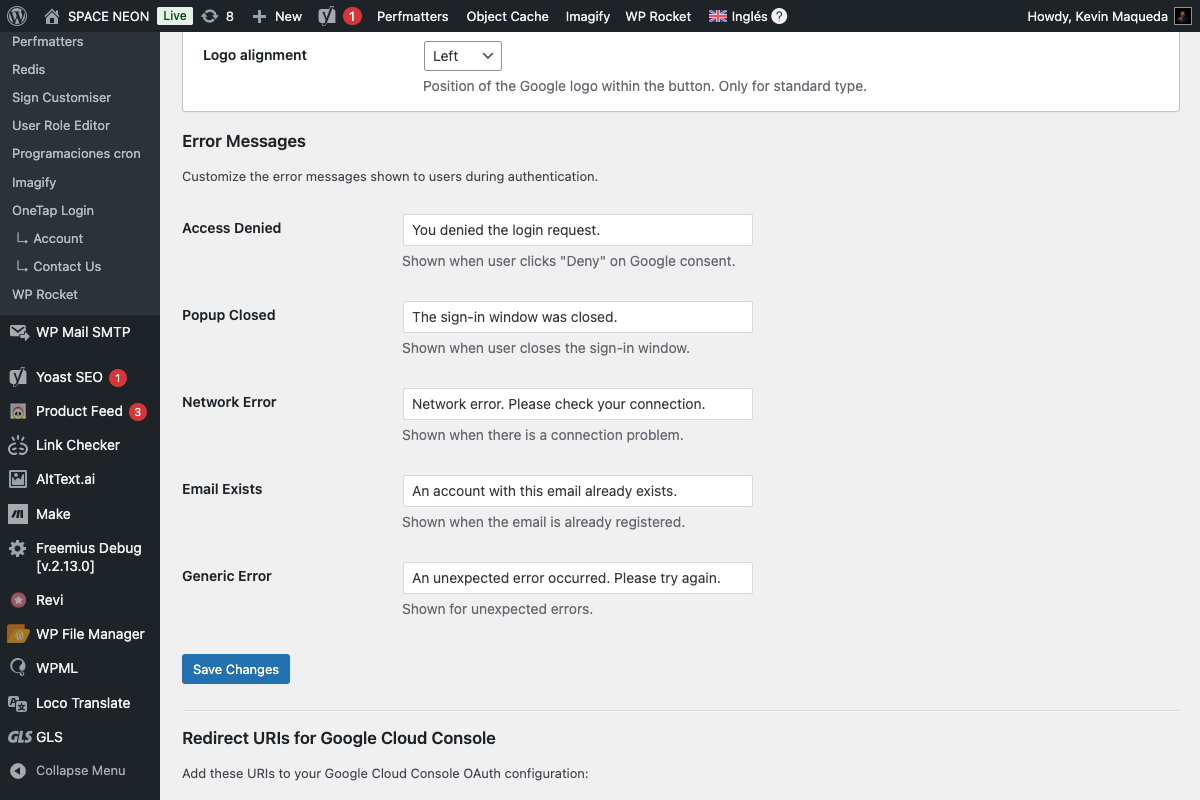 Settings Error Messages Section